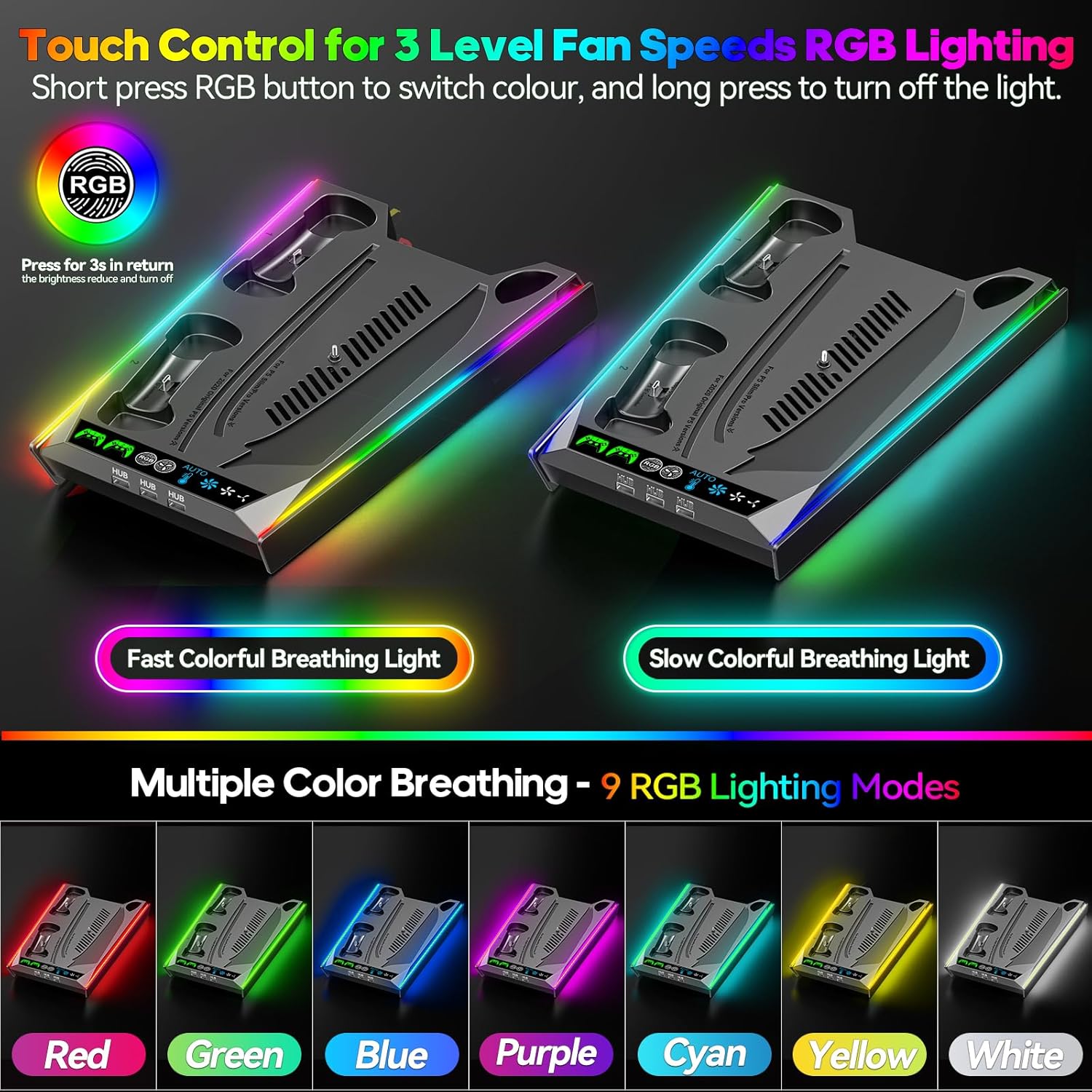 Thumbnail 6 de Rysker Supporto PS5/Slim/Pro con base di raffreddamento, ricarica controller e luci RGB