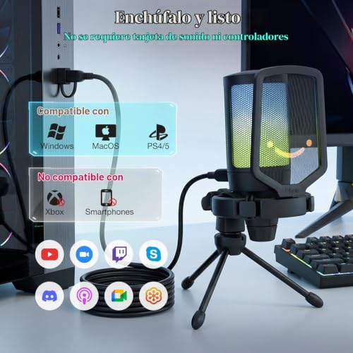 Detalle de FIFINE Gaming Microfono para PC y PS4/PS5 con RGB, Mute rápido y accesorios
