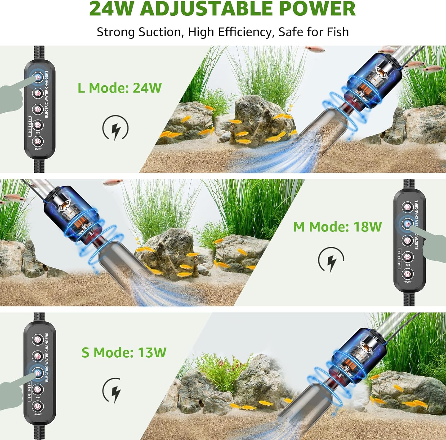 Detalle de Suness 24W Electric Aquarium Gravel Cleaner with Timed OFF — Multifunctional Fish Tank Vacuum for Automatic Water Change and Debris Removal