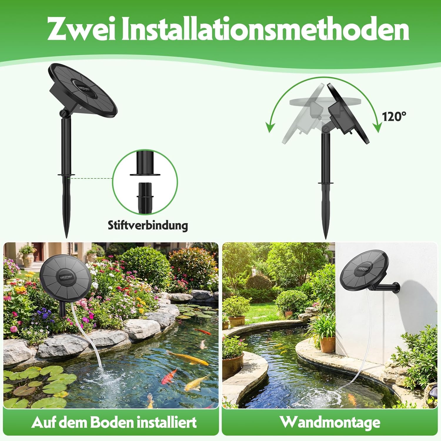 Thumbnail 5 de AMZtime Solar Sauerstoffpumpe für Gartenteich – Solar Teichbelüfter mit 2200 mAh Akku