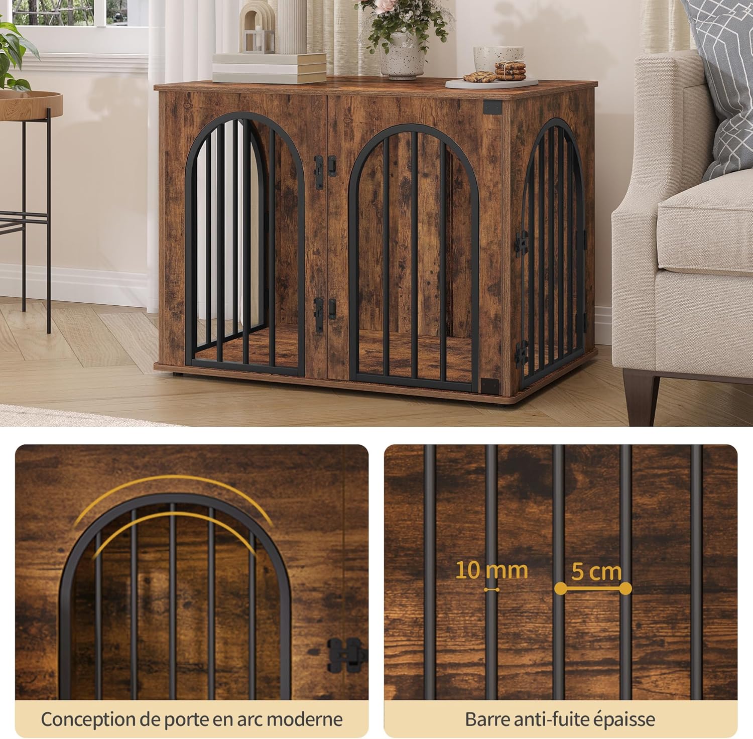 Detalle de Hzuaneri cage pour chiens 80 cm avec 3 portes et arche d’accès DFC85101B (marron rustique)