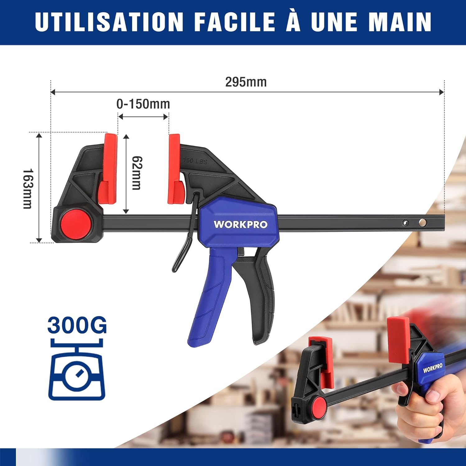 Detalle 2 de WORKPRO : lot de 2 serre-joints à une main en acier et nylon, serrage jusqu’à 150 mm (plage 135–285 mm)