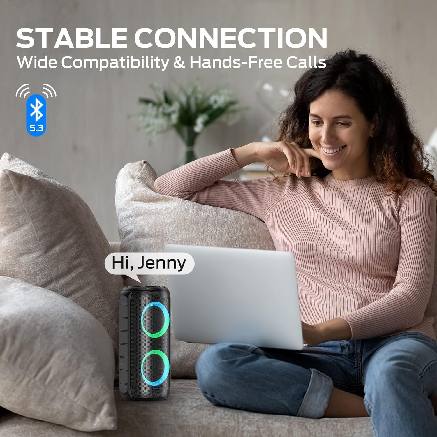 Detalle de Oraolo Haut-Parleur Bluetooth Portable 24 W (40 W annoncé) – Son stéréo 360° + LEDs RVB, IPX6, 24 h d’autonomie, Bluetooth 5.3