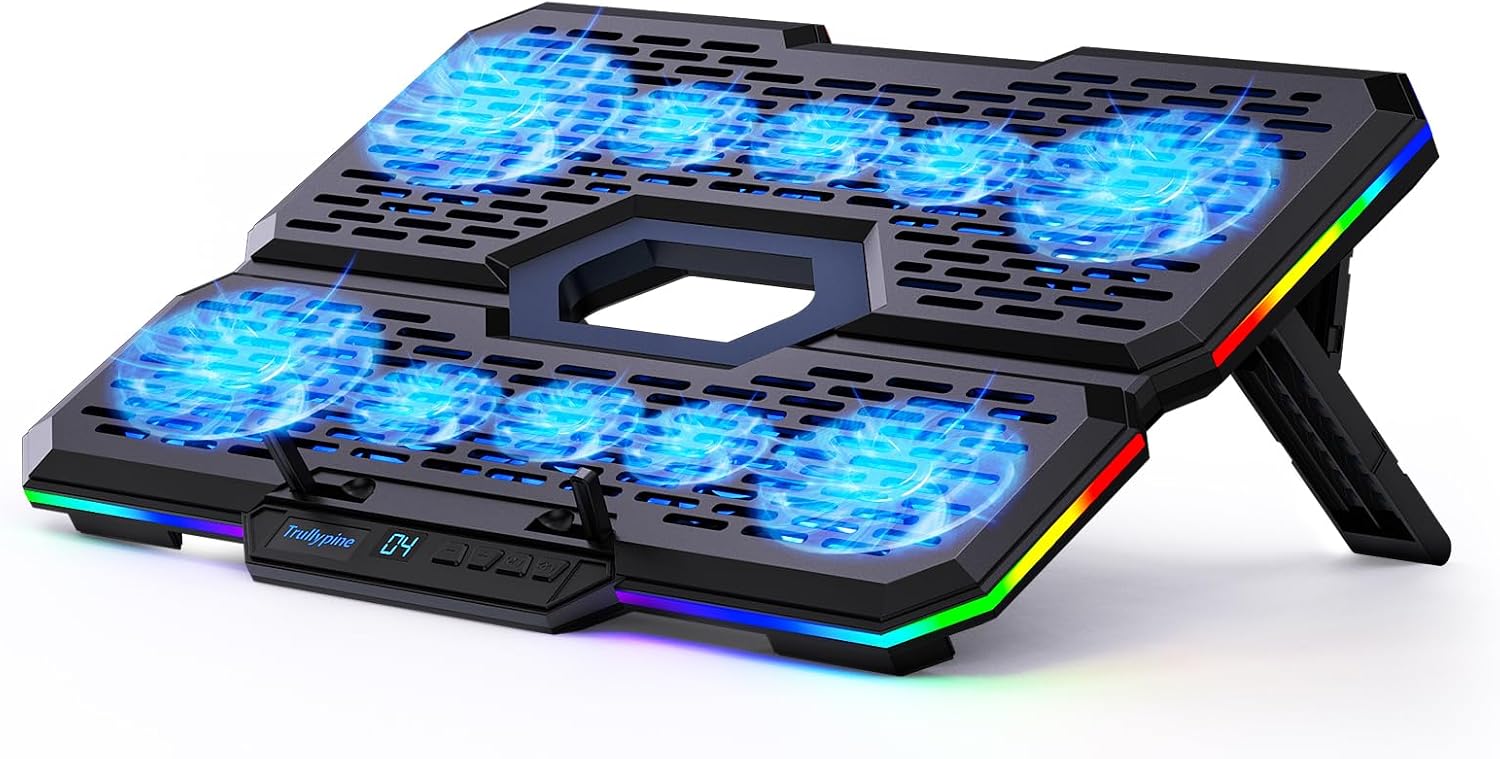 Detalle de RGB Laptop Kühler mit 10 leisen Lüftern – verstellbar, USB-A/C, Handyhalterung, kompatibel 12–18,1 Zoll