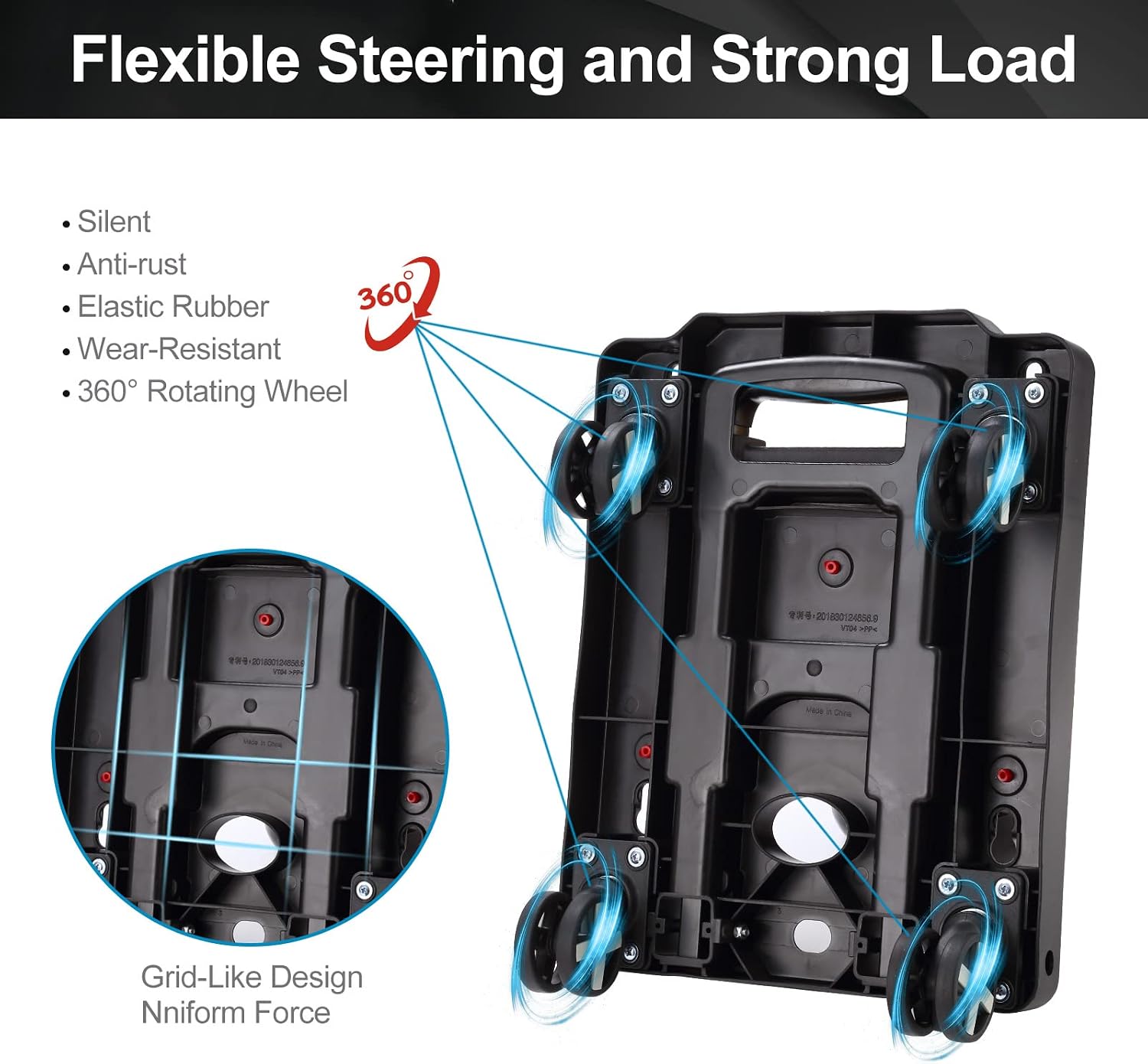 Detalle 1 de GtIiFmTe GtIiFmTe-001 Foldable Hand Truck, 4 Swivel Wheels, 3 Bungee Cords
