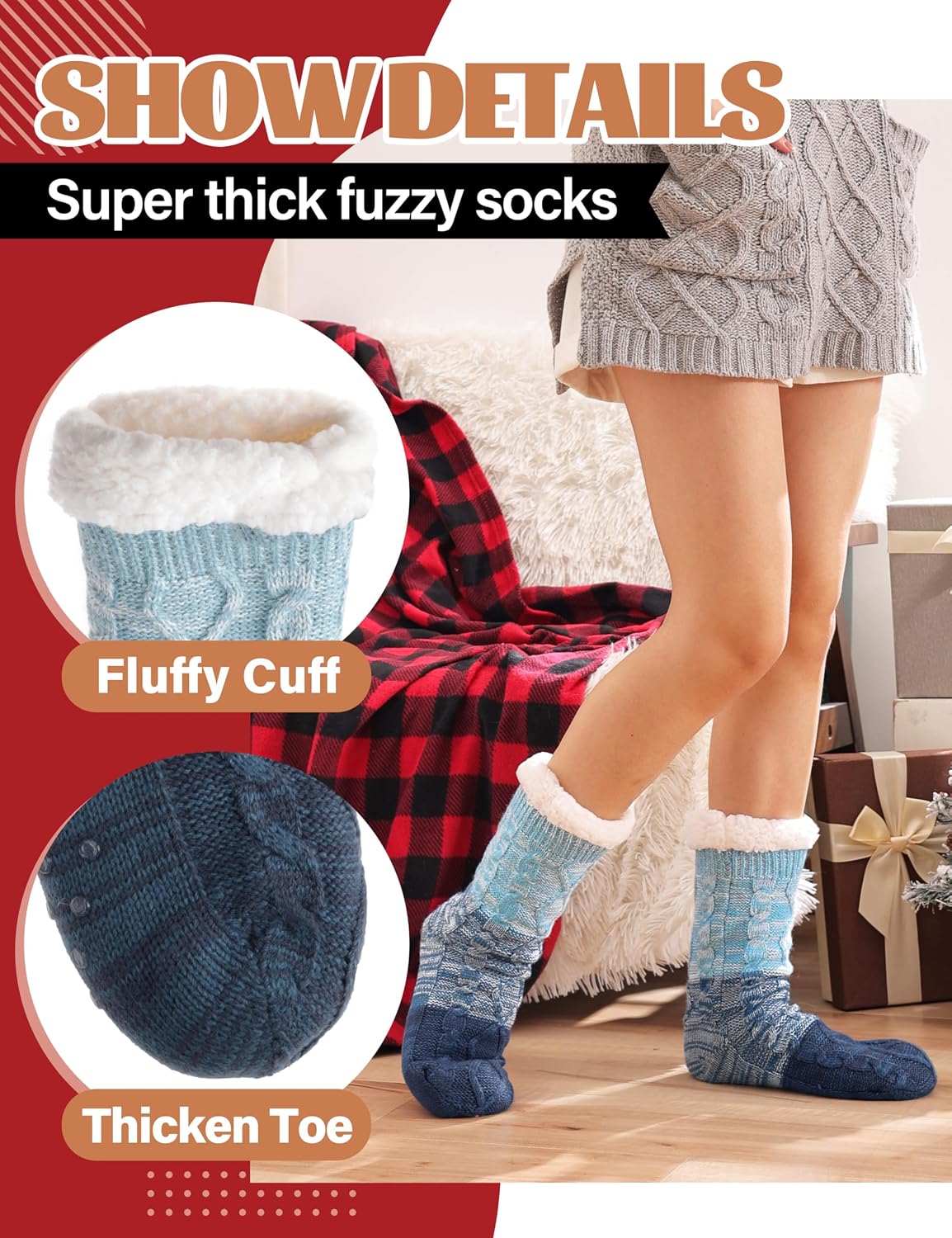Detalle de Anlisim Women’s Slipper Socks, Thick Fleece with Non-Slip Grips