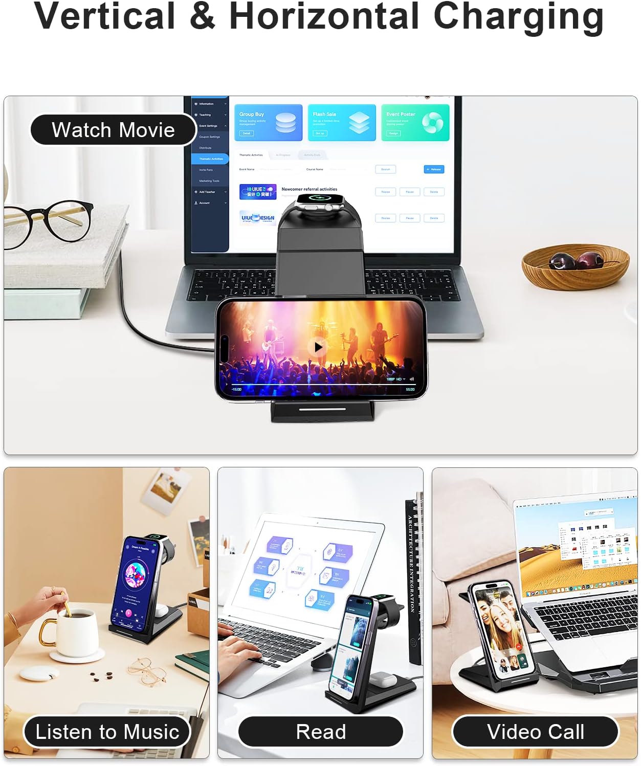 Detalle de ADADPU 3 in 1 Wireless Charger – 15W Fast Charging Station for iPhone, AirPods and Apple Watch