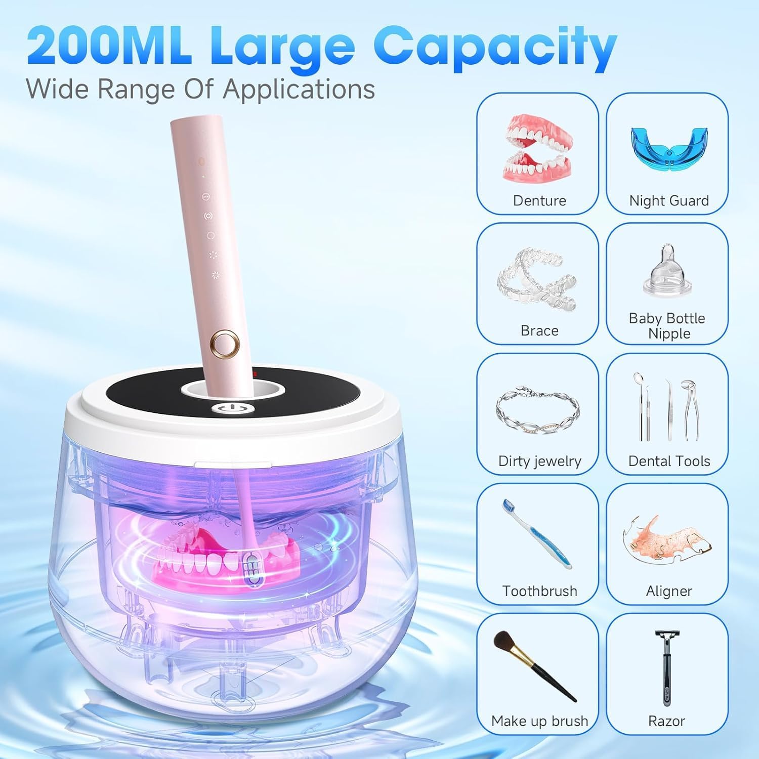 Detalle de MXMZHXU Retainer Cleaner Ultrasonic: 45kHz Ultrasonic Cleaner with UV Sterilisation