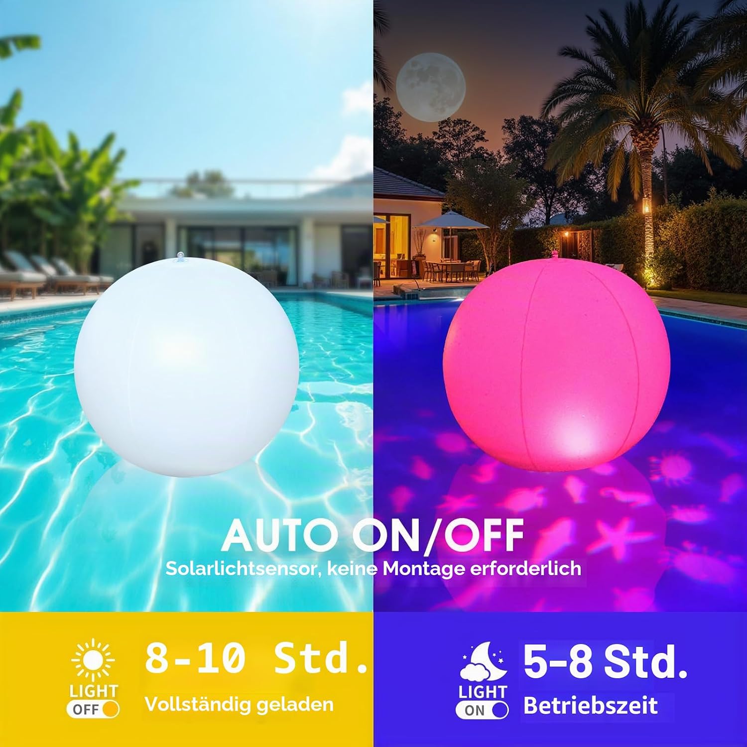 Detalle de Luxfero Schwimmende Solar-Poolbeleuchtung – aufblasbare Leuchtkugel, IP68, 2er-Set