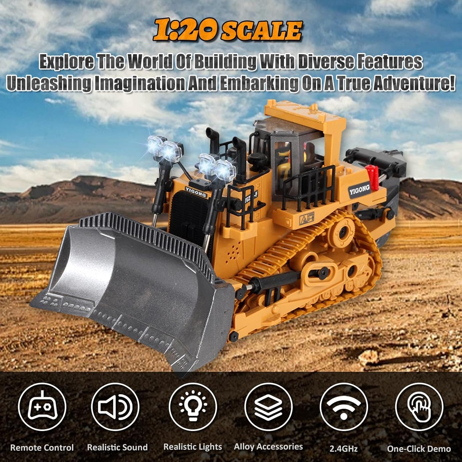 Detalle 2 de ADTHLIER 1:20 RC Bulldozer with Lights & Sound (9-Channel, 2.4GHz)