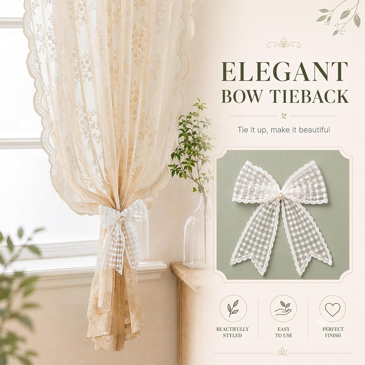 Detalle 2 de AJAZZ Beige Floral Lace Curtains, Set of 2 Panels (52 x 63 in): 2-in-1 No-Drill Light Filtering Sheer Curtains with Scalloped Edge