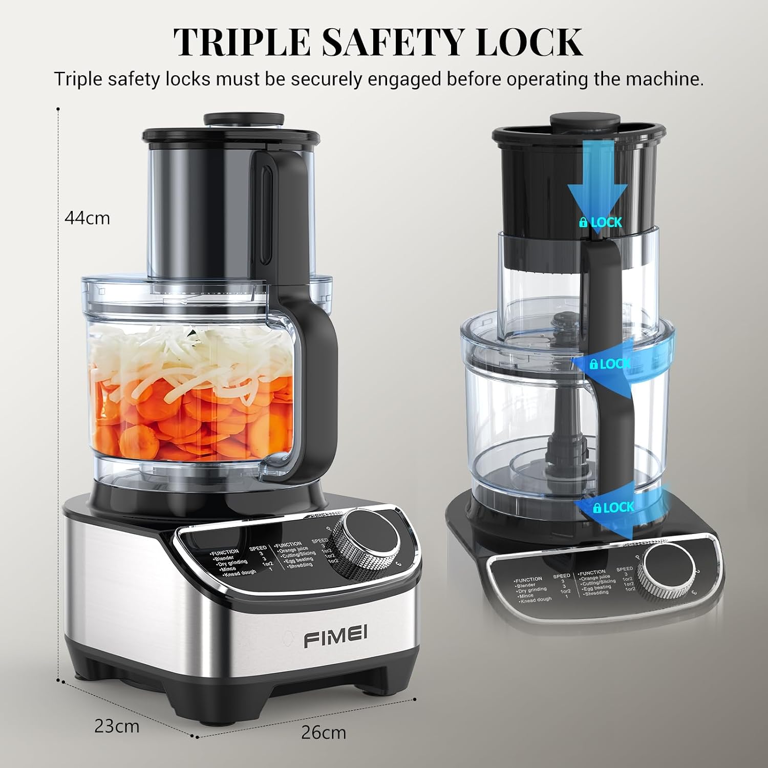 Detalle 2 de FIMEI Multifunctional Food Processor 1300W (3 speeds + pulse) with 3.5L chopper, 1.5L blender, slicer & citrus juicer