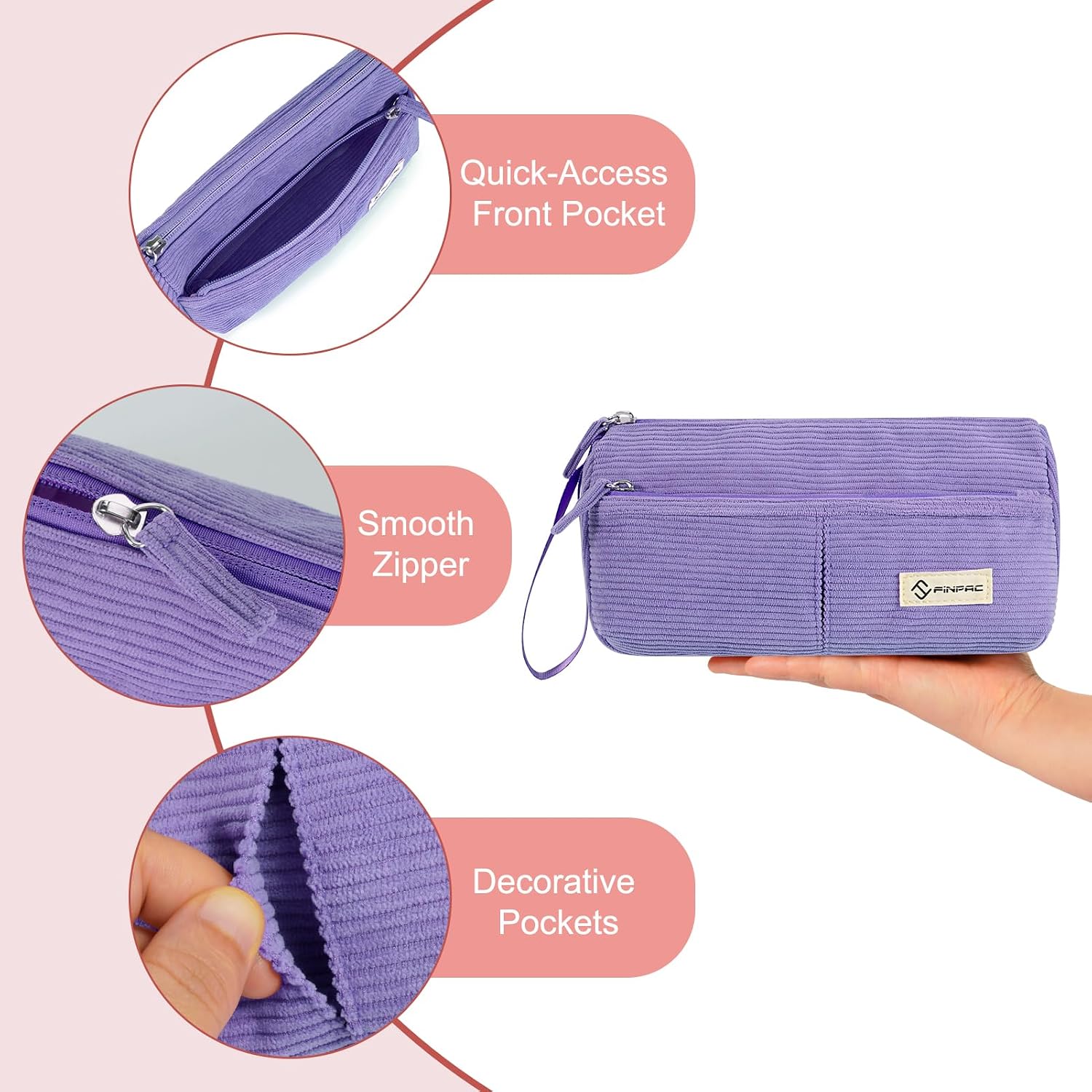 Thumbnail 1 de Trousse scolaire FINPAC en velours côtelé (violette) avec poche zippée et dragonne