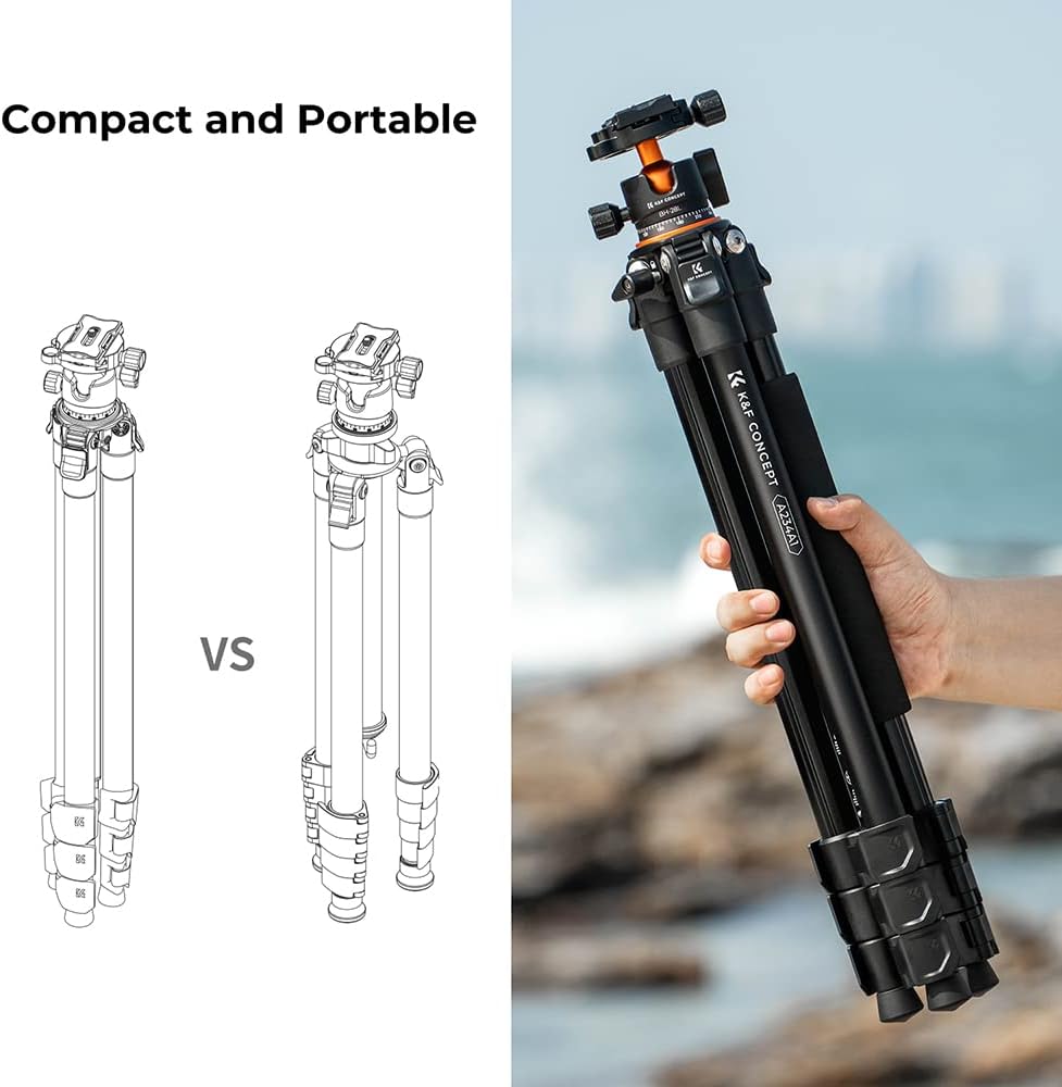 Detalle de K&F Concept 62''/160cm Camera Tripod (A225A1+BH-28L): Portable, Flexible Support for Travel and Work