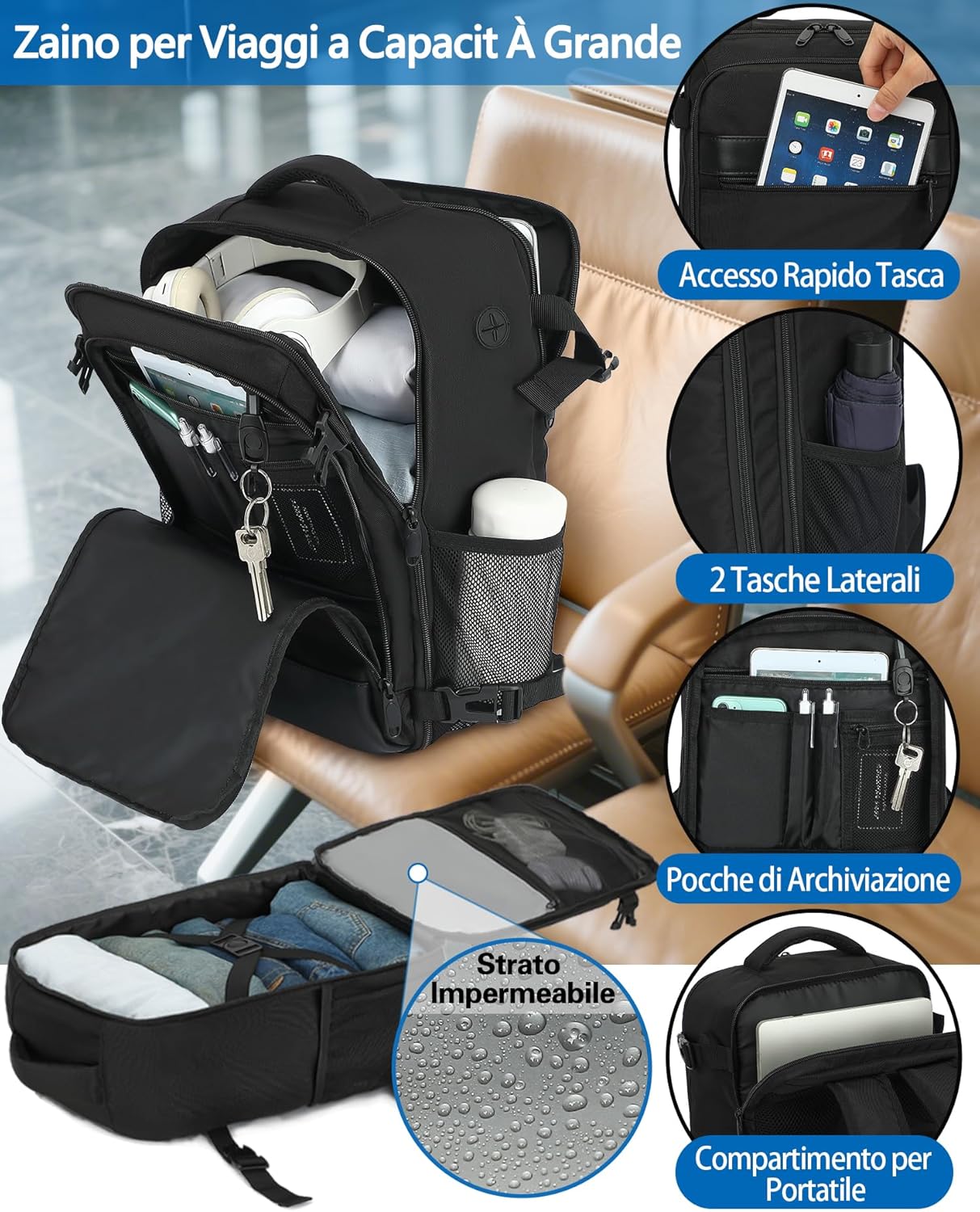 Thumbnail 3 de KLOSTAIN Zaino Ryanair 40x30x20 24L con porta computer fino a 15,6" Nero