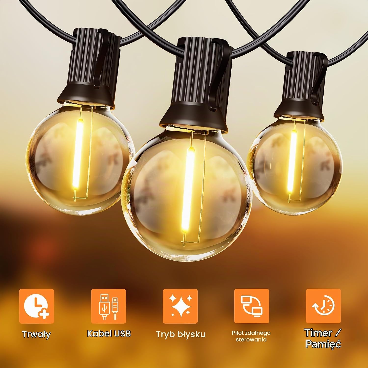 Detalle de Torkase GLS-20J2P – solarny łańcuch świetlny G40 LED, 2200 K, z pilotem