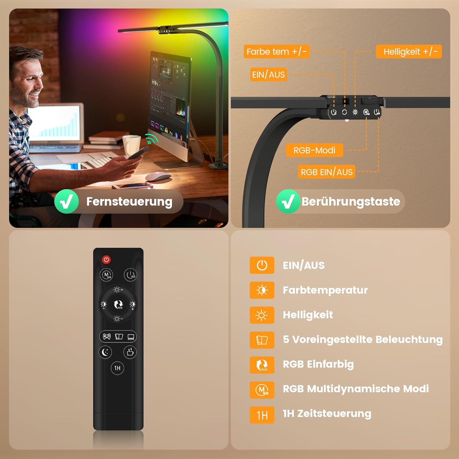 Thumbnail 4 de SIBRILLE RGB Doppelkopf Schreibtischlampe LED dimmbar, 22W, 80 cm – Fernbedienung, verstellbarer Schwanenhals, Augenschutz