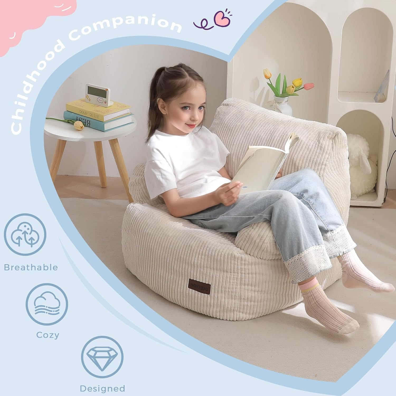 Thumbnail 6 de MAXYOYO Kids Bean Bag Chair with Pocket Floor Chair for Reading and Gaming (Beige)