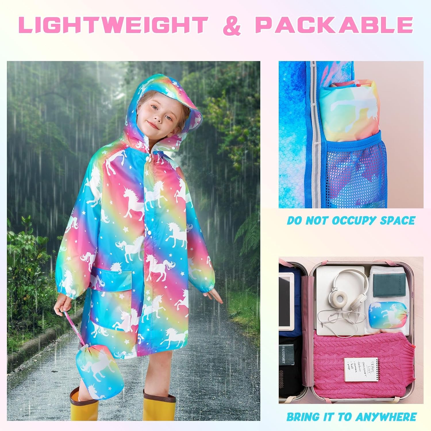 Detalle 2 de WAWSAM Kids Rain Poncho: Lightweight, Waterproof Rainbow Unicorn Poncho for Outdoors