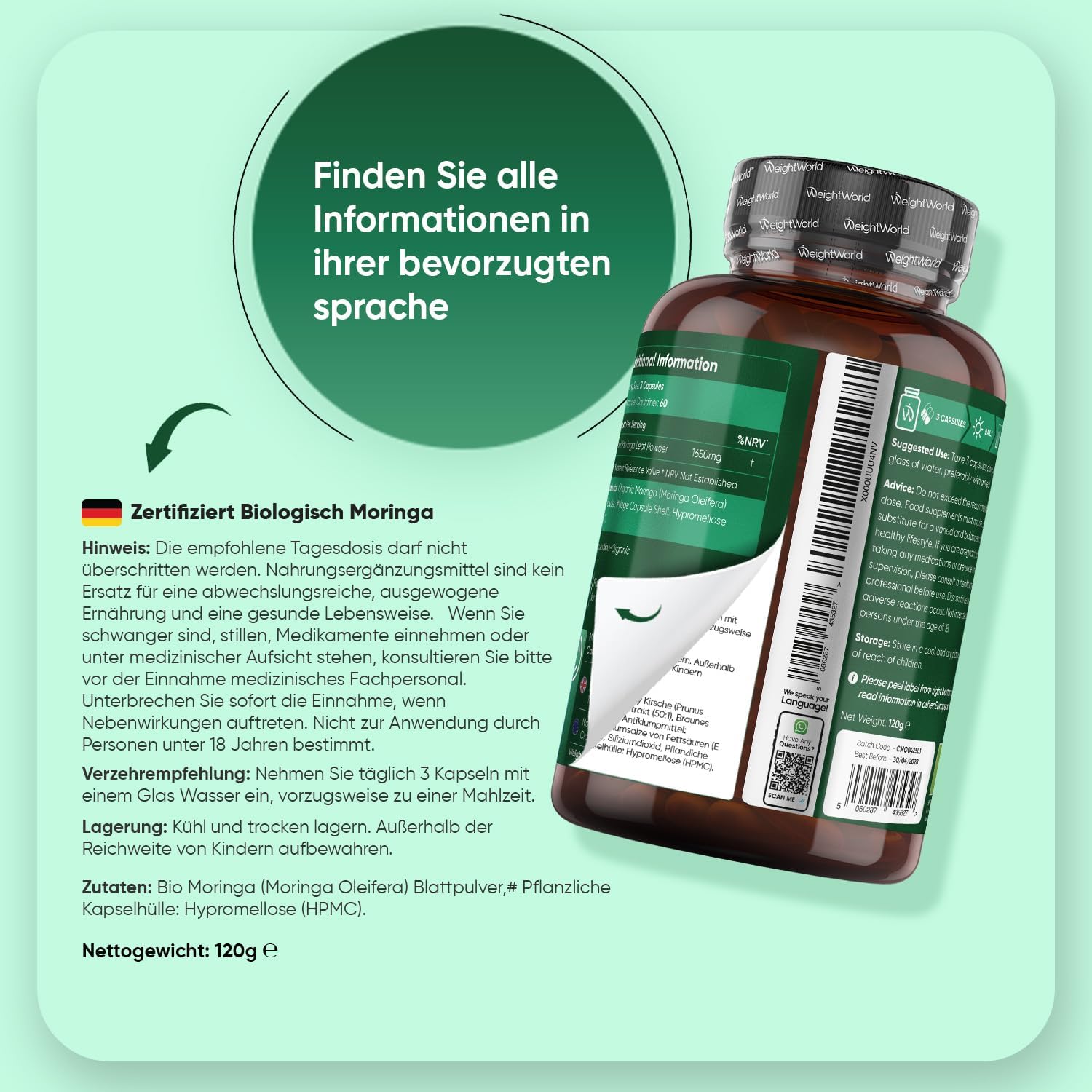 Thumbnail 3 de Bio Moringa Kapseln von WeightWorld – 180 vegane Kapseln mit 1650 mg Moringa täglich (3 Kapseln)