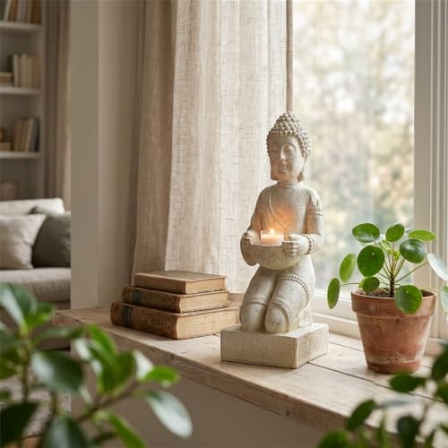 Detalle de INtrenDU Statua di Buddha con portacandele 39 cm – crema