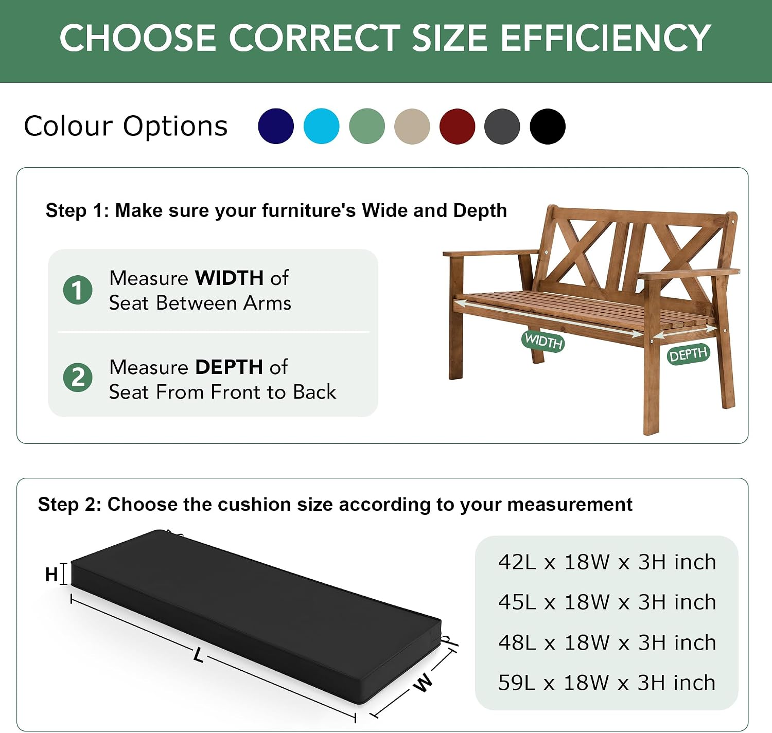 Detalle de Summsun Outdoor Bench Cushion Pad, 48 x 18 x 3 Inch, Black