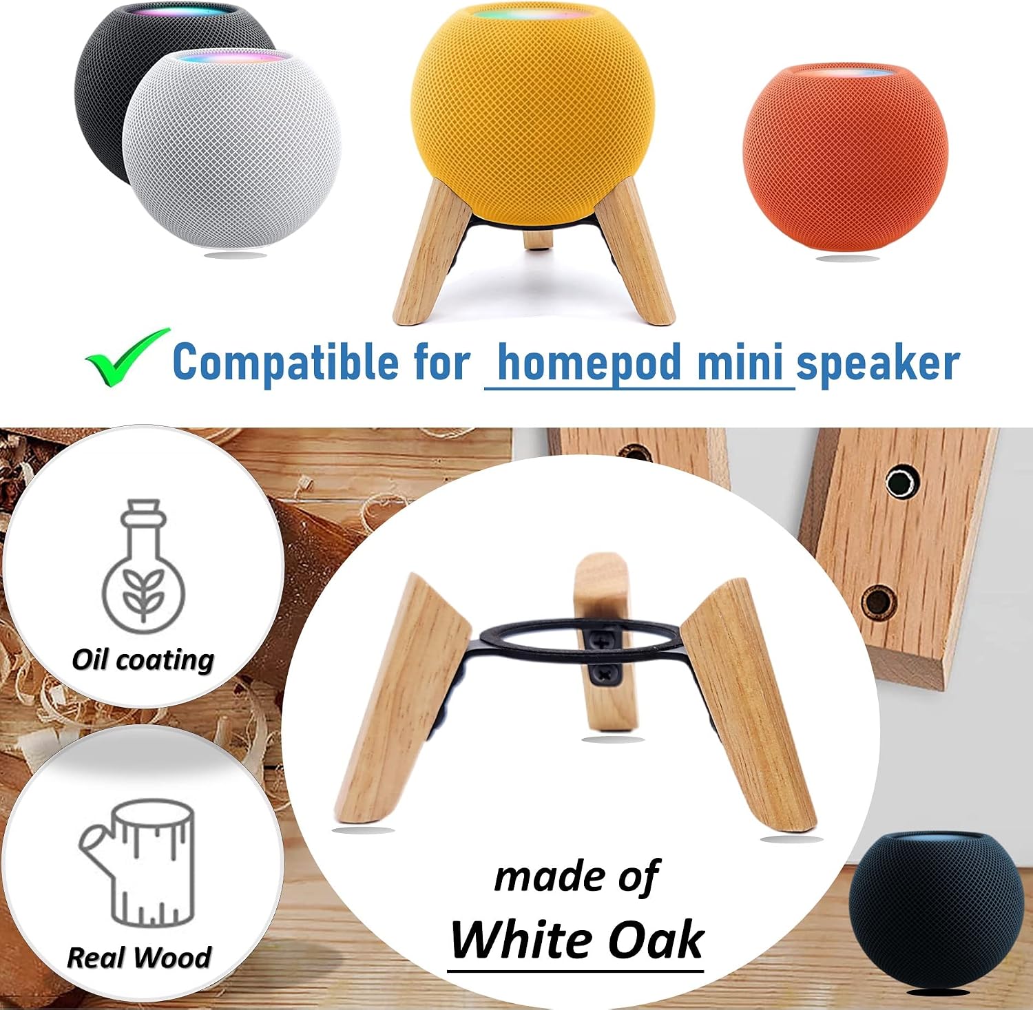 Detalle 2 de Counlisha HomePod mini用木製スタンド ホワイトオーク・金属フレーム・滑り止めパッド付き