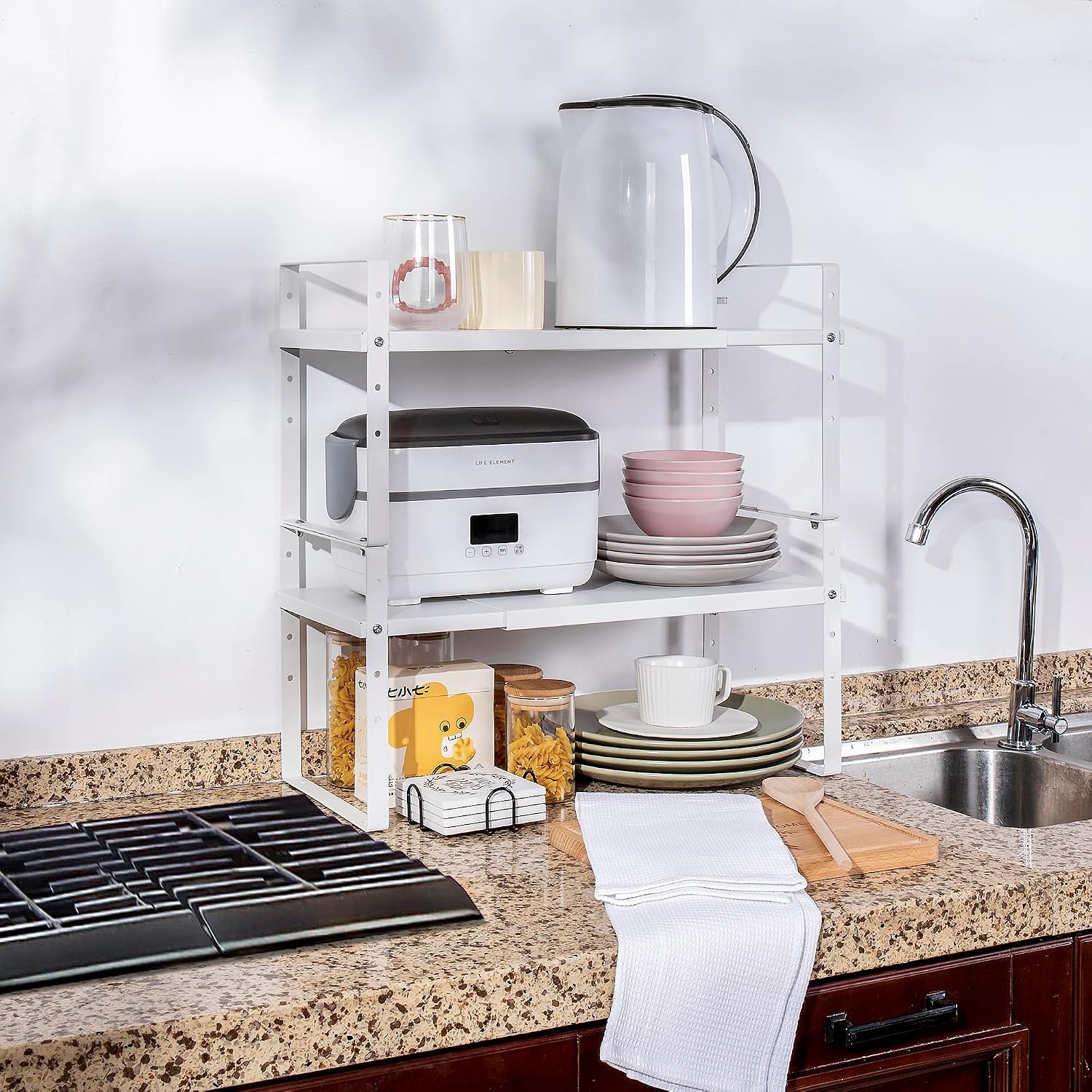 Thumbnail 6 de Across-Star Expandable Cabinet Shelf Organizer Rack (White) — Adjustable Height Spice/Pantry Shelf, 2 Pack