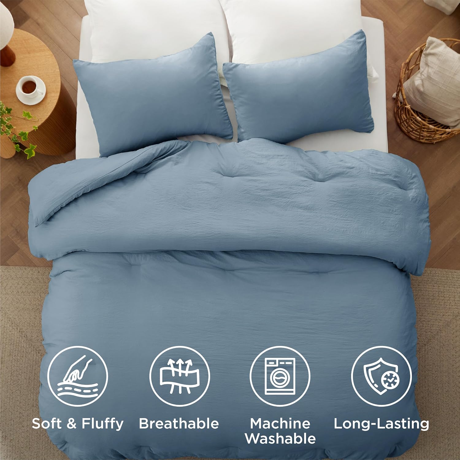Detalle de Bedsure BB349B2 Full Comforter Set, Grayish Blue, 3-Piece Prewashed Bedding