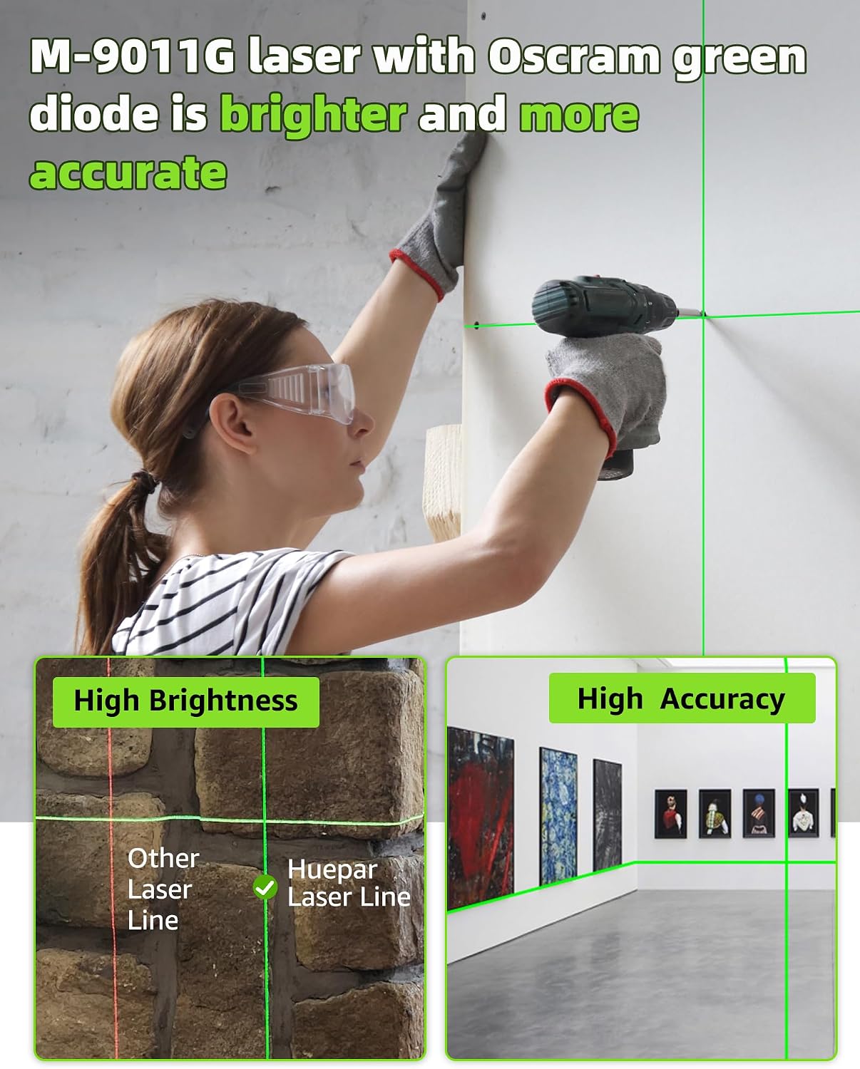 Detalle 2 de Huepar 9011G Cross-Line Laser Level, Green Lines, Self-Levelling, Magnetic Base