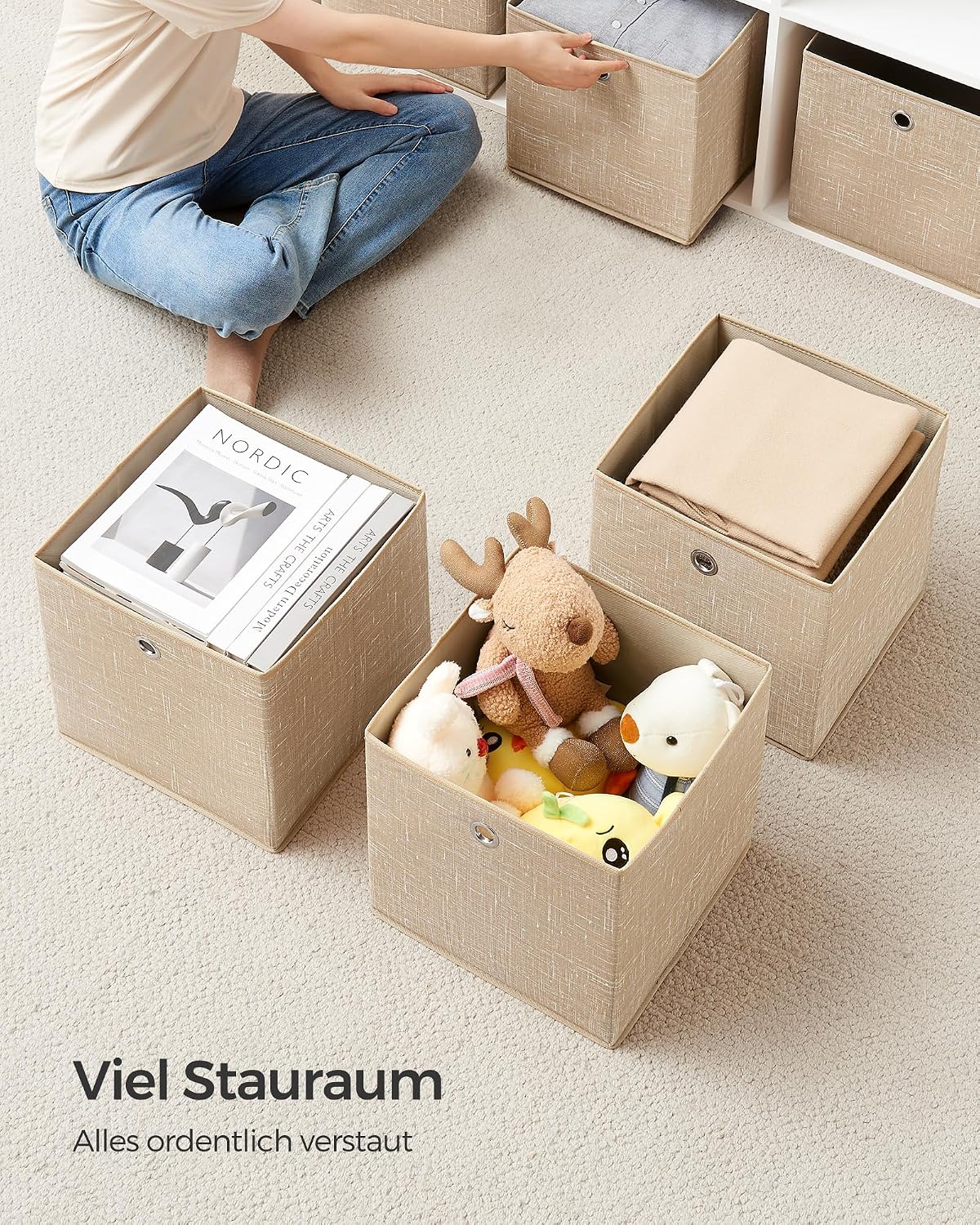 Detalle de SONGMICS Aufbewahrungsbox 6er Set – stabile Stoffboxen aus Vliesstoff, 30 x 30 x 30 cm, sandbeige