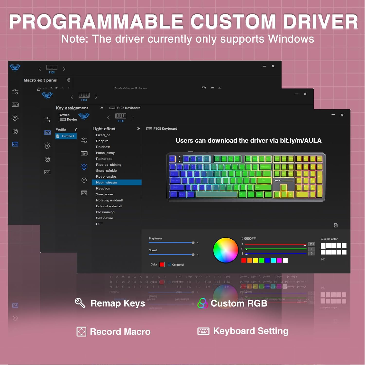Detalle de AULA F108 Mechanical Keyboard (Wireless-Silent) – 2.4GHz/BT5.0 + USB-C, 100% Full Size, RGB, Hot-swappable