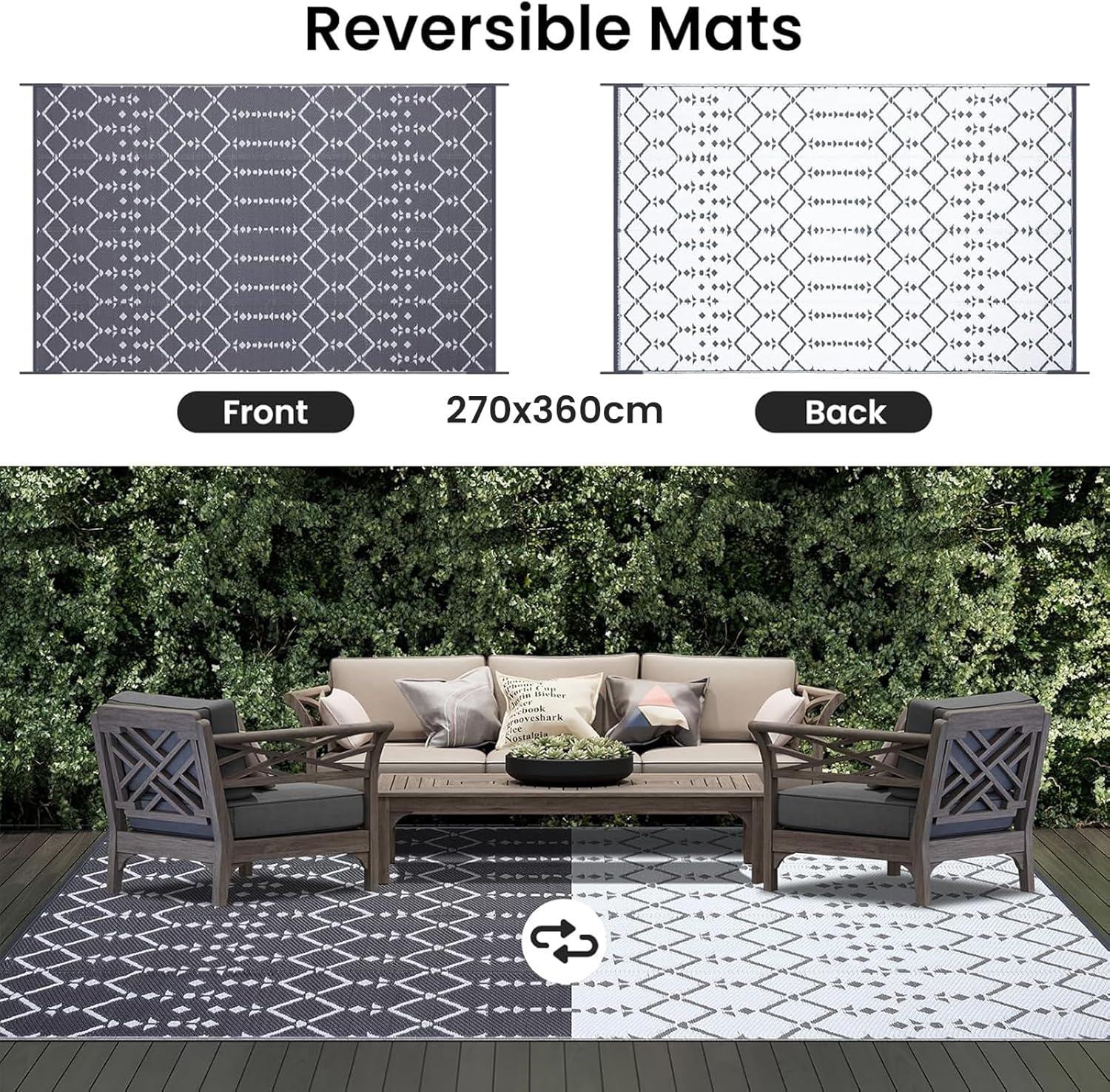 Detalle de Homaxy Tapis d'extérieur résistant aux intempéries 270 x 360 cm — Réversible, imperméable et facile à entretenir