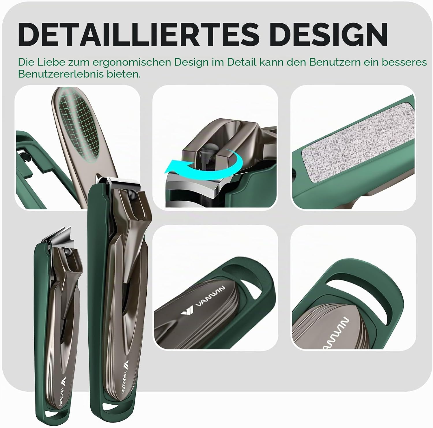 Detalle de VANWIN Nagelknipser-Set mit Auffangbehälter – gebogene & schräge Klingen, Anti-Spritz Präzision für Finger- und eingewachsene Nägel