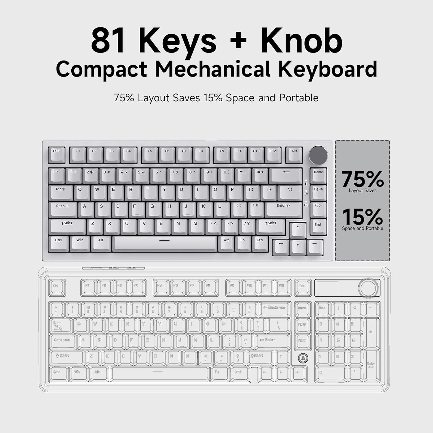 Detalle de AJAZZ AK820 Kabelgebundene mechanische Tastatur – 75% Layout, 82 Tasten, hot-swappable, Volume-Knopf, PBT-Tasten, Blue Switches, Ice Blue LED, Weiß