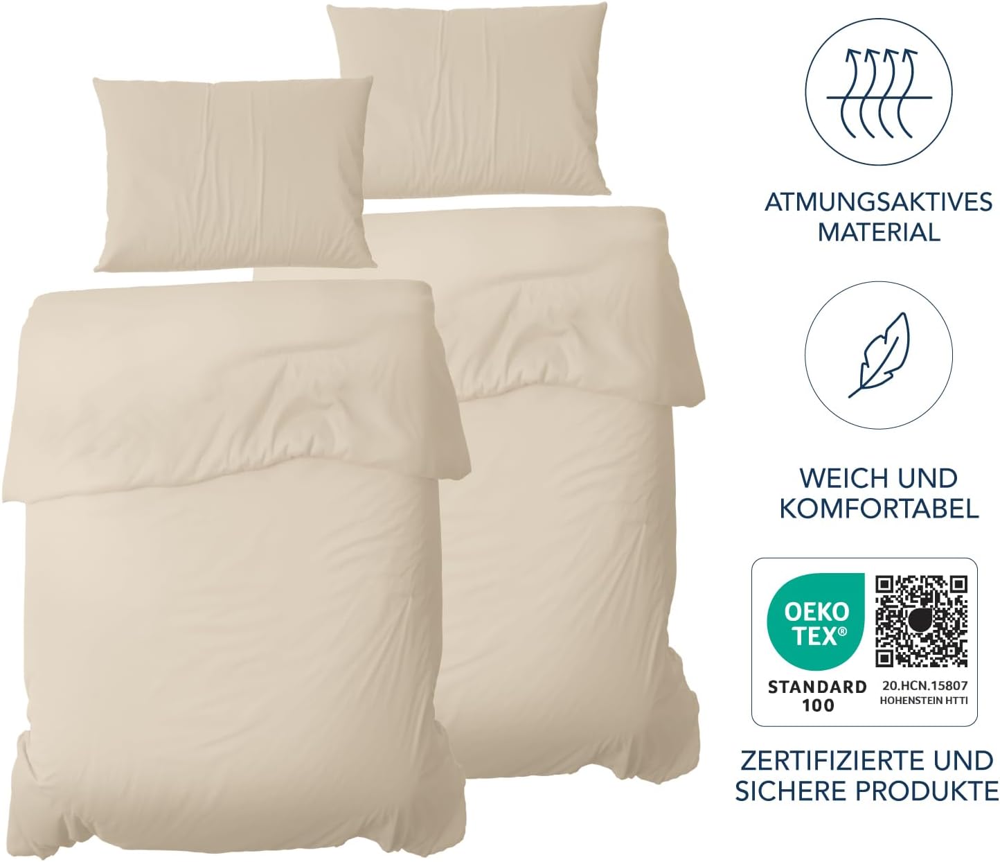 Detalle 2 de Dreamzie Bettwäsche-Set 135x200 cm (4-teilig) Beige – Mikrofaser mit 2 Kissenbezügen 80x80