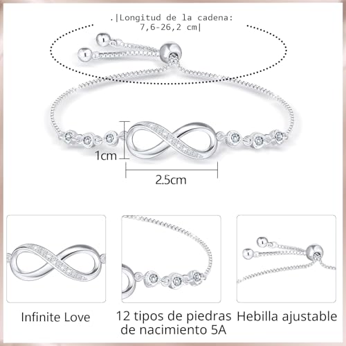 Detalle de Esmoly Pulsera Infinity Plateada con 5A Circonia y 12 Piedras Naturales – Ajustable