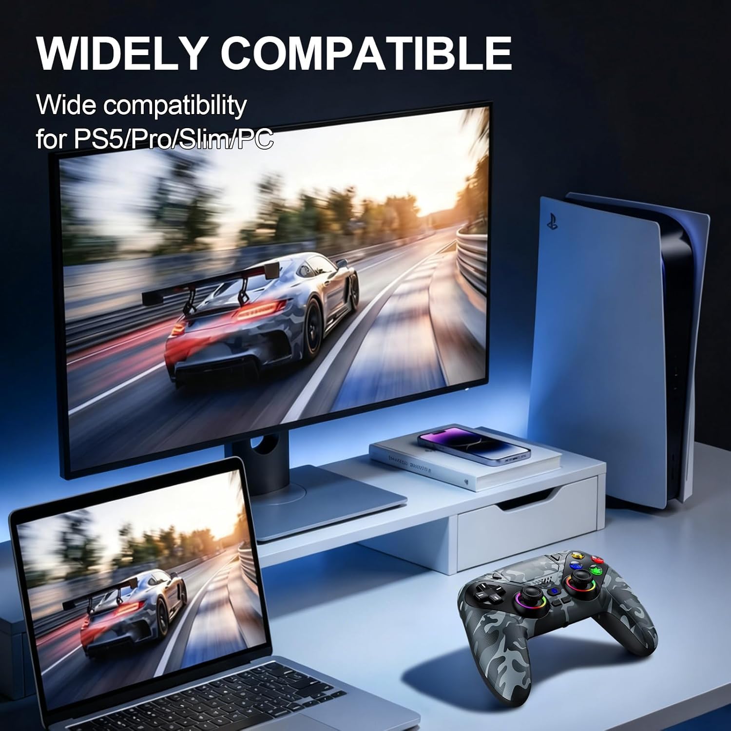 Detalle de Nonbliep Wireless Controller for PS5 & PC (RGB Light, Dual Vibration, Turbo, 3.5mm Audio)
