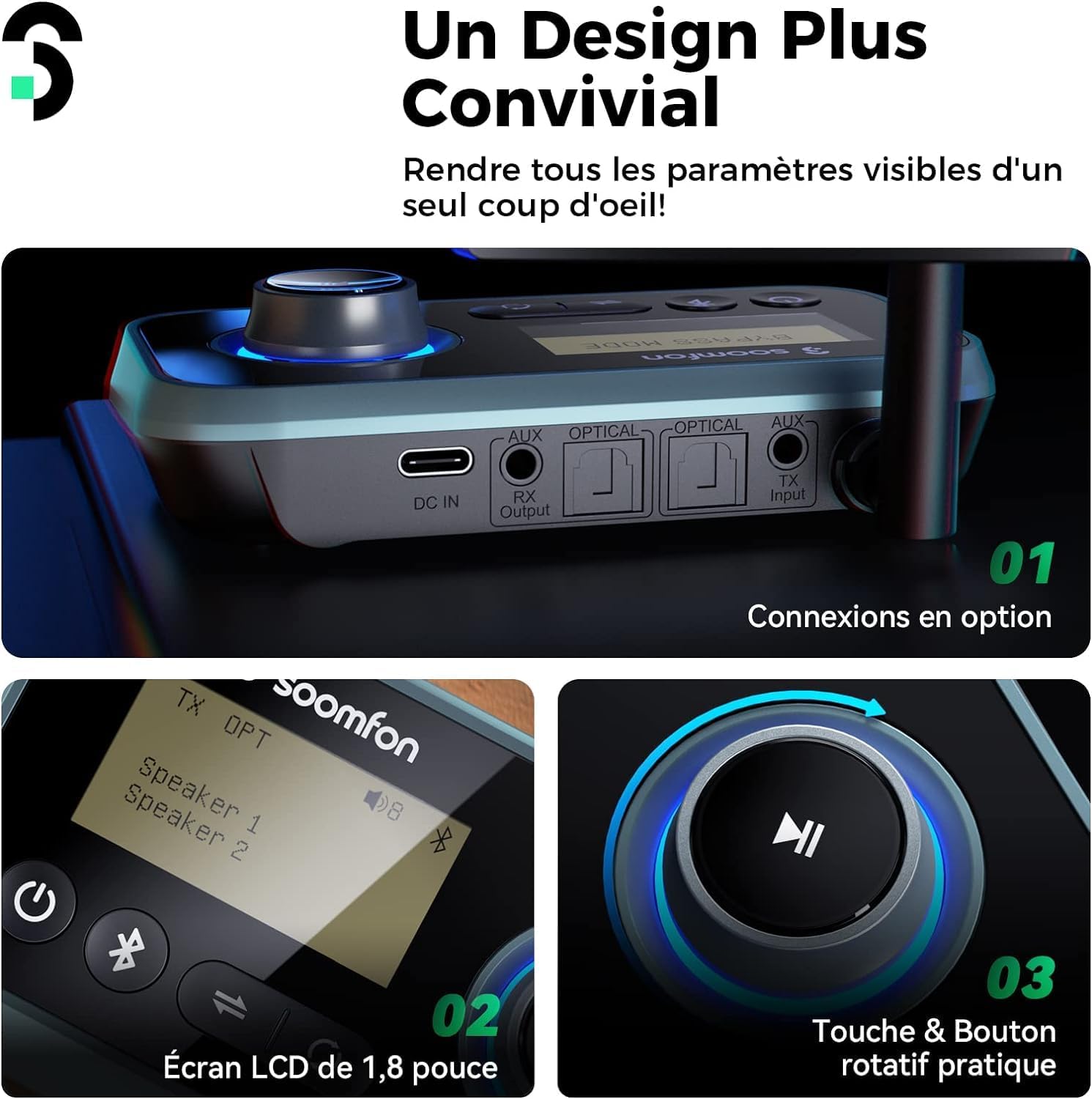 Thumbnail 4 de SOOMFON Émetteur-Récepteur Bluetooth 5.0 3 en 1 avec écran LCD — Transmetteur RX/TX et mode bypass