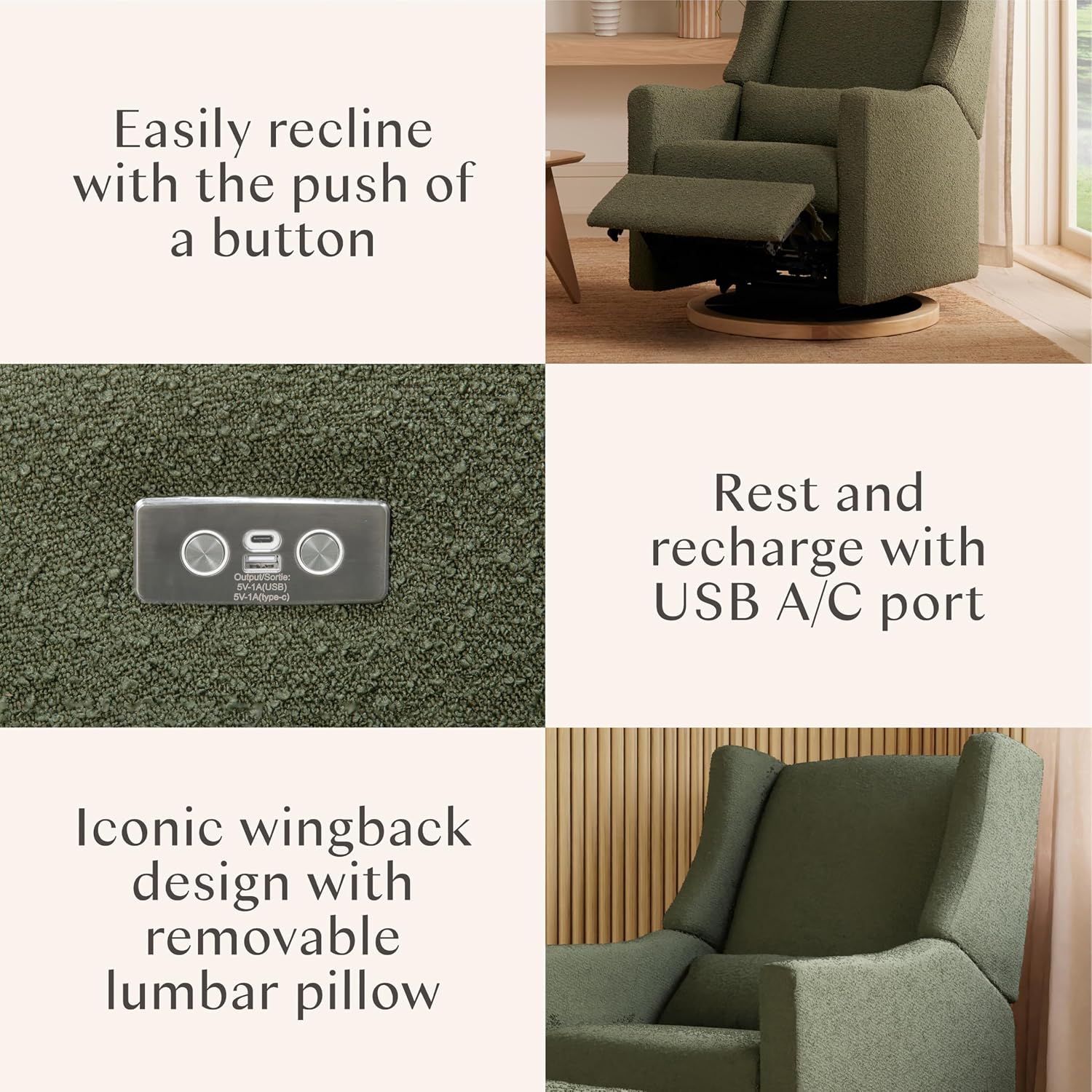 Detalle de Babyletto Electric Recliner Glider in Olive Boucle