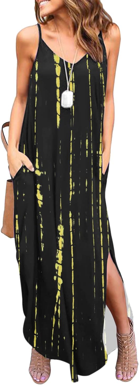 Detalle 2 de HUSKARY Women’s Summer Casual Sleeveless V-Neck Strappy Split Loose Dress (Beach Cover-Up Maxi) with Pocket