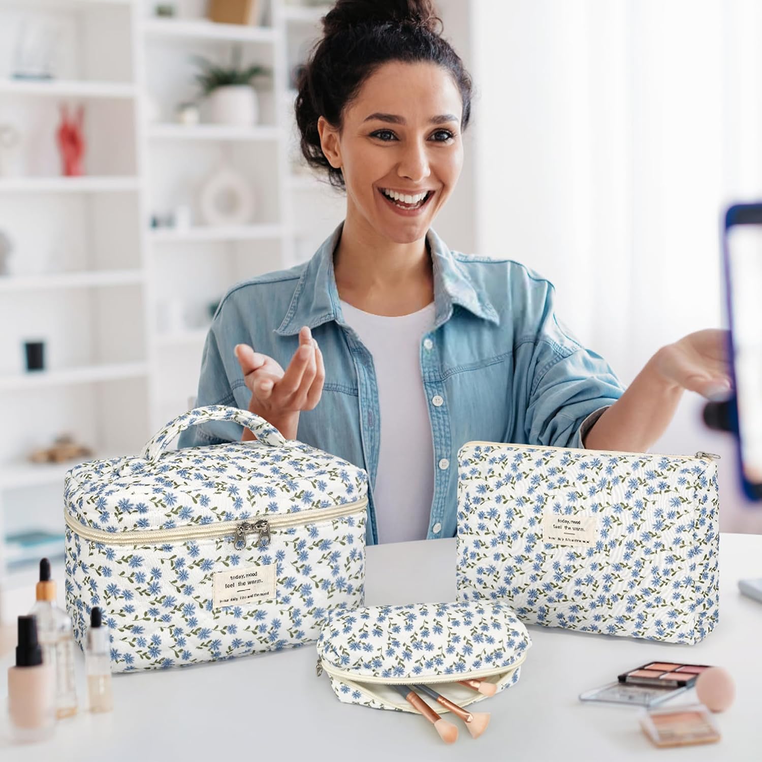 Thumbnail 4 de YMIFEEY 3er Kosmetiktasche-Set Blau Blumen – Klein, Mittel und Groß, robustes Baumwollmaterial, Reise-Beauty-Organiser