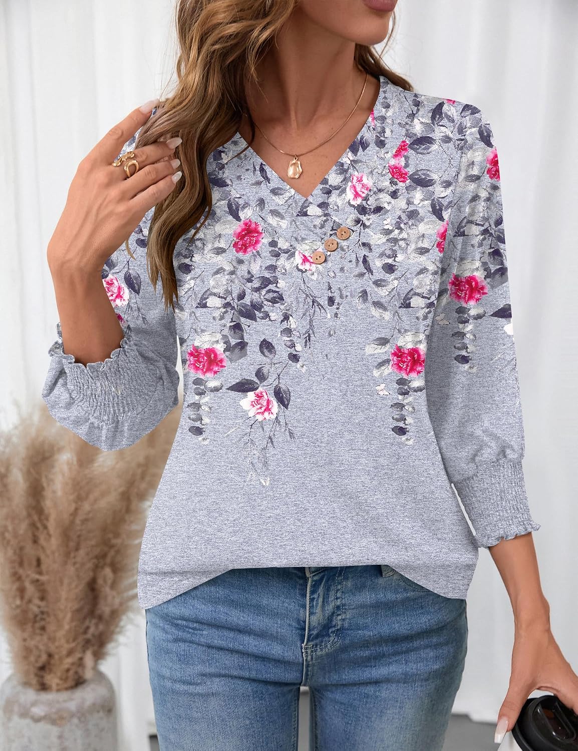 Detalle de Rapbin Damen Bluse mit 3/4-Ärmeln, V-Ausschnitt und Knopfleiste – leichte Tunika für Sommer & Alltag
