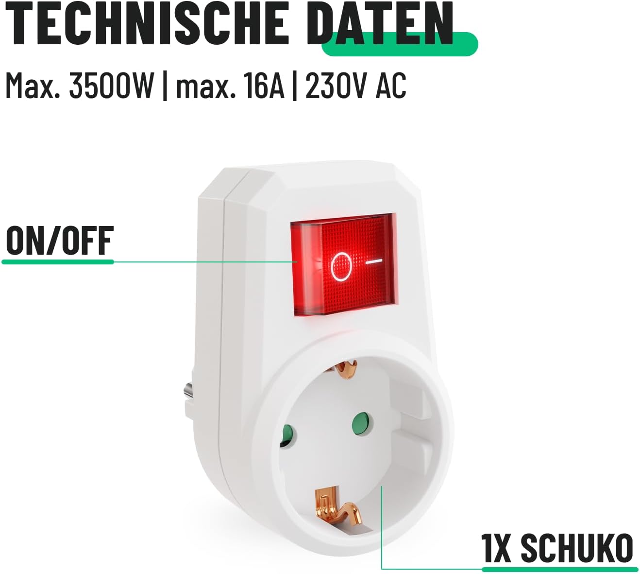 Thumbnail 4 de greate 3er-Set Steckdose mit Schalter (Schuko, 1-fach) – schaltbarer 2-poliger Adapter mit beleuchtetem Schalter
