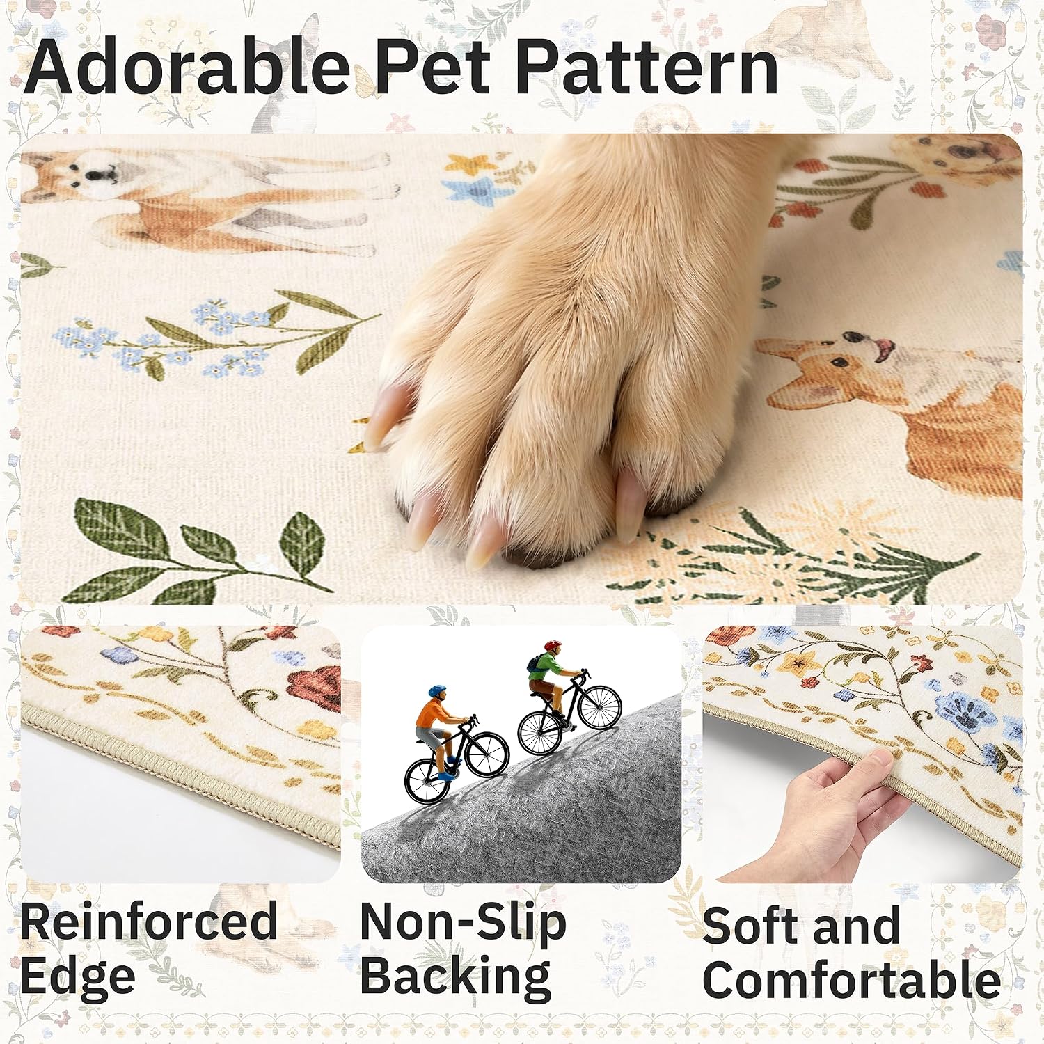 Thumbnail 5 de Soalmost 2' x 3' Beige Dog Rug, Washable Low-Pile Floral Area Rug