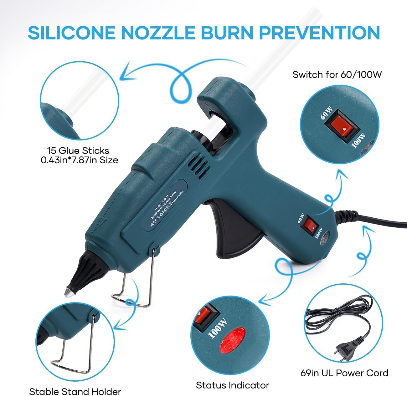 Detalle 2 de Fireproof 60/100W Full Size Hot Glue Gun with 15 Glue Sticks (Green)