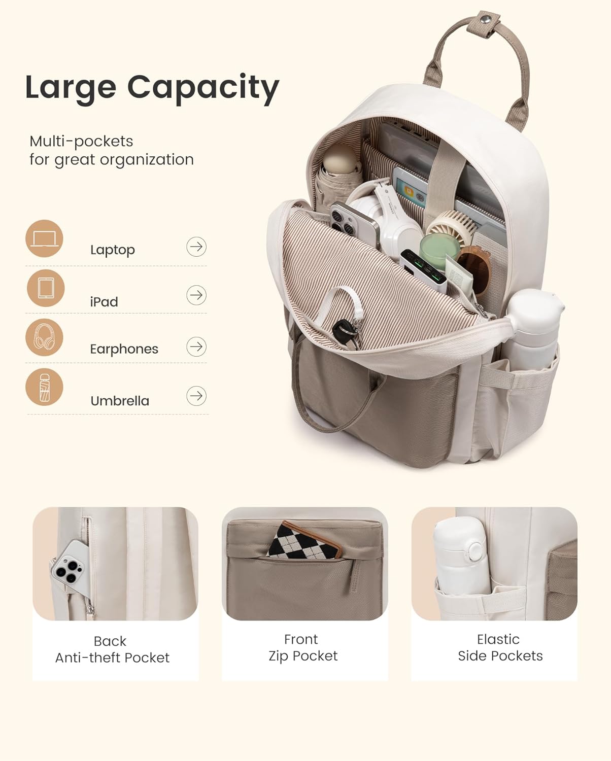 Detalle 2 de LOVEVOOK Damen-Rucksack mit Laptopfach bis 15,6 Zoll – eleganter City-/Schulrucksack in Beige-Khaki