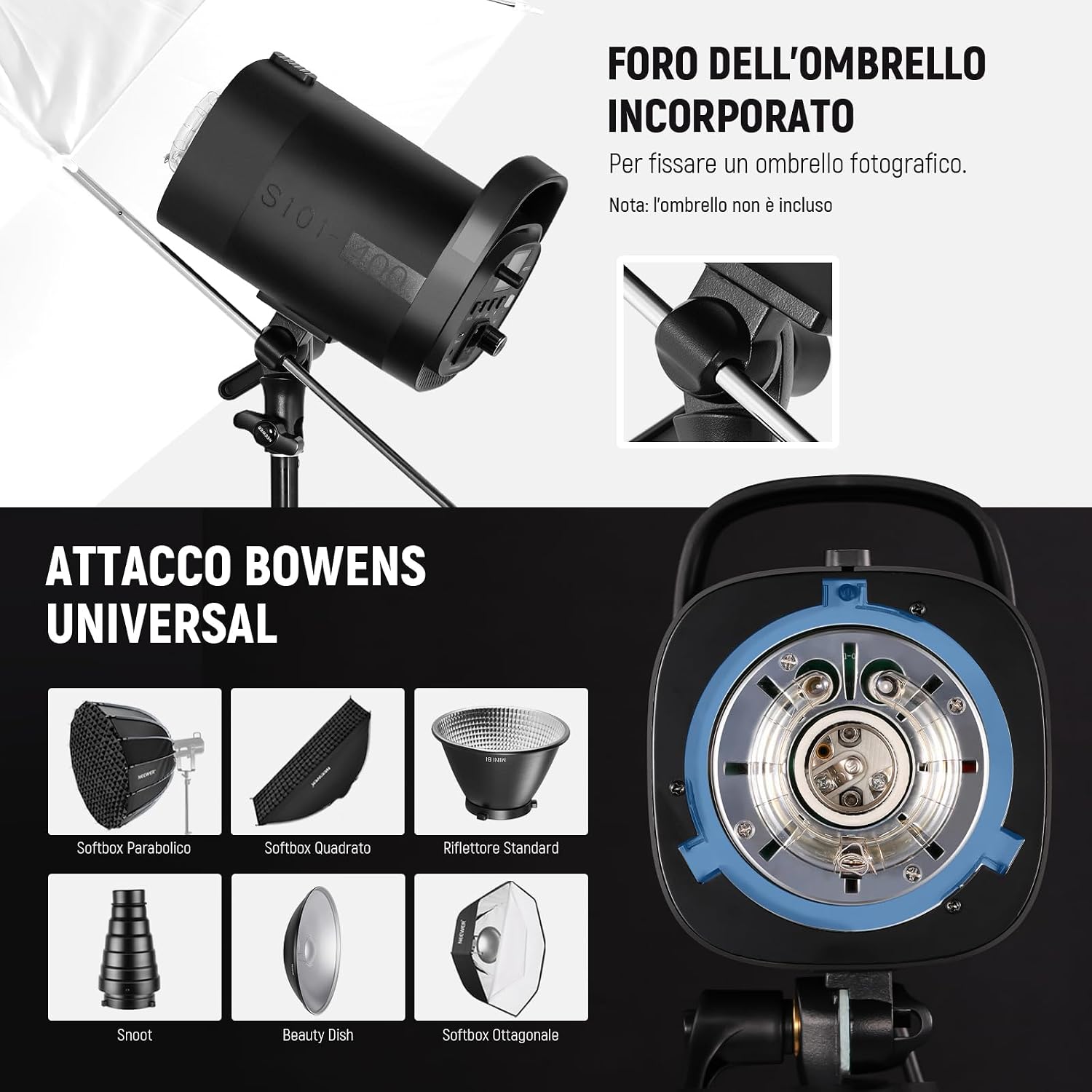 Thumbnail 6 de NEEWER Kit Luce Flash Monoluce 800W da Studio S101-400W PRO con trigger 2,4G e attacco Bowens