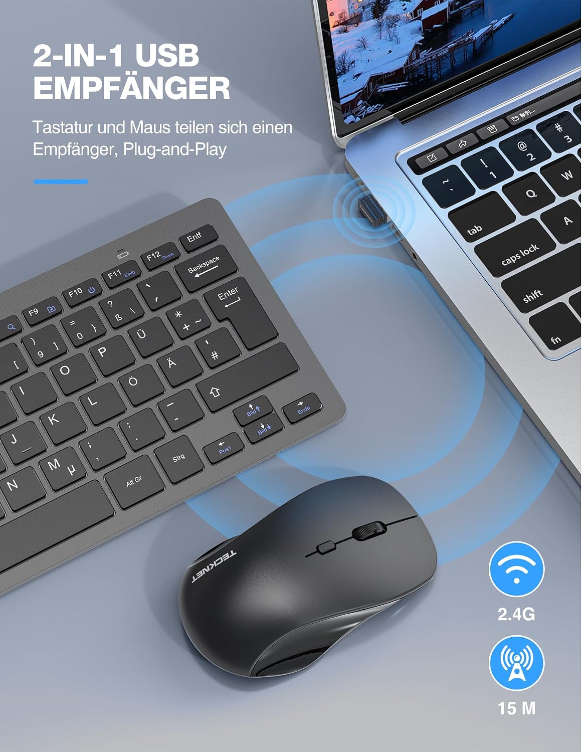 Detalle 2 de TECKNET Kabelloses Tastatur-Maus-Set (Deutsch QWERTZ), 2,4 GHz, 15 m Reichweite, Leise Mini-Keyboard mit Maus – Grau