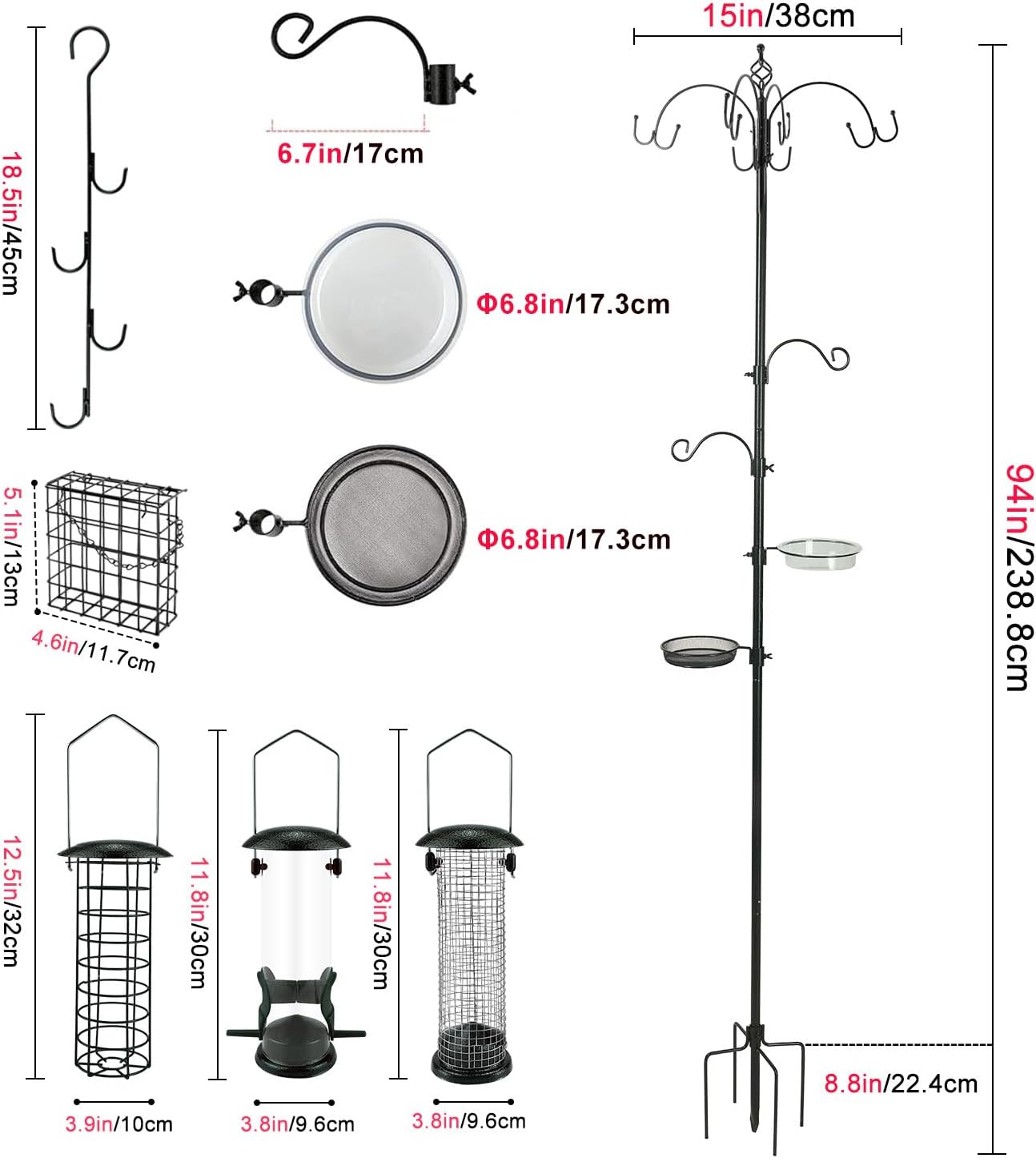 Detalle de Deluxe Bird Feeding Station Kit – Iron pole, mesh tray & hanging feeders with bird bath disc